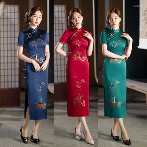 Vestuário étnico verão elegante jovem chinês cheongsam bordado feminino cetim qipao senhora retrô gola alta vestidos de festa
