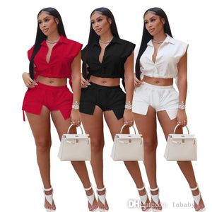 Summer Tracksuits Womens Sets Solid Color Lapel Neck Sleeveless Drawstring Polo Shirt Crop Top And Shorts Two Piece Set Elastic Casual 2pcs Suit Outfits