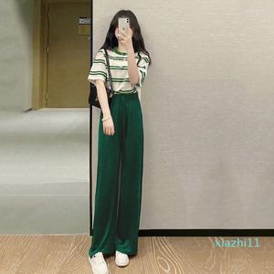 Women's Two Piece Pants Fashion Suit Female Summer Students Thin Striped Short-sleeved