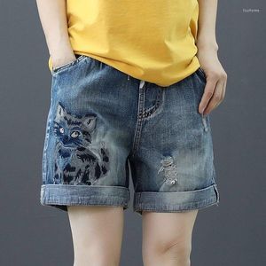 Women's Jeans Loose Elastic Waist Embroidered Denim Shorts Summer Slim Casual Hole Straight Short for Women Haruku Bottom