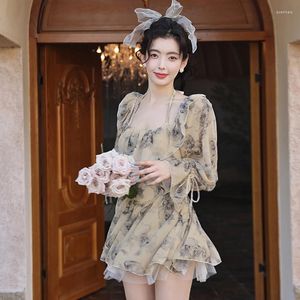 Women's Swimwear One Piece Women 2023 Japanese Korean Conservative Long Sleeve Flower Slim Open Back Spring Resort