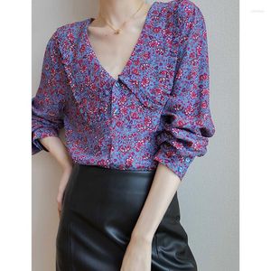 Bluzki damskie 2023 wiosenna francuska koronka retro damska koszula z długimi rękawami modna V Neck Chic najniższy Top kobiety Camisas Mujer