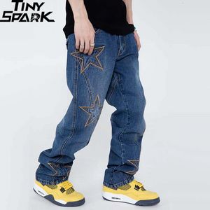 Erkekler Pantolon Erkek Hip Hop Street Giyim Denim Pantolon Nakış Yıldızları Denim Pantolon Harajuku Pamuk Joggers Kot Pantolon Harem Pantolon Black 230704