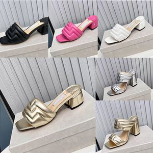 2023 Designer Pure color Square head Slides slippers Womens Luxury 100% leather outdoor elegance High heels Sandals lady sexy shallow mouth slipper shoes sizes 35-39