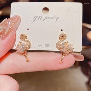 Stud Earrings Ins 14K Real Gold Micro-inlaid Zircon Flamingo S Needle For Women Cubic ZC