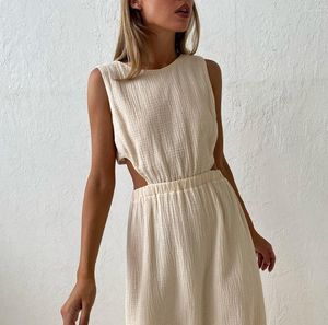 Lässige Kleider Reine Baumwolle Sexy Offene Taille Kleid 2023 Sommer Stoff Mode Zurück Einreiher Ärmelloses Tank Top