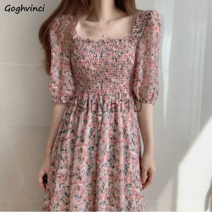 Casual Dresses S-3XL Floral Chiffon Dress Women Sweet Puff Sleeve Empire Vintage Fairy Slim Square Collar Vestido Pink Temperament Elegant Chic J230705