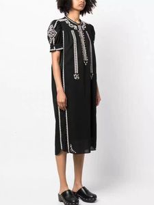 Basic Casual Dresses Summer 2023 Women Embroidery Midi Dress Black 100 Cotton Vintage Short Sleeve Lace up O neck Female Robe with Buttons 230705