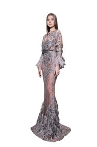 Ziad Nakad Evening Dresses Jewel Neck Lace Long Sleeve Illusion Feather Prom Gowns Luxurious Custom Made Mermaid Party Runway Dresses