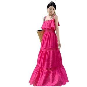 Women's beach holiday rose color spaghetti strap high waist hollow out ruffles patched long dress SMLXL