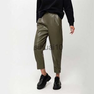 Kadın Pantolon Capris Casual Düz Renkli Cep Gerçek Cep gevşek Pu Deri Pantolon Ofis Bayanlar Temel Düğme Zipper Harem Pants 2020 Yeni Moda Sonbahar J230705
