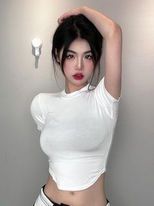 女性の Tシャツ甘い Tシャツファッションアジアトップス韓国セクシーなスリム薄い湾曲した裾半袖 Tシャツトップ女性 79H8
