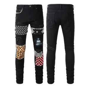 Klassische gedruckte Stickerei Miri Designer Herren Jeans Motorrad Loch Luxus Blau Denim Mode Streetwear Herren Hosen Am Herren Distressed Jean