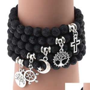 Beaded Lava Rock Beads Armband Roder Träd Kors Fjäder Star Charm Svart Natursten Stretch Armband För Kvinnor Män Mode Cra Dhugg