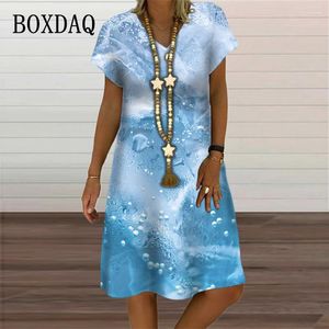 Vestidos casuais impressão de glacê de superfície de água para mulheres 2023 oversized verão praia manga curta vestido solto decote em v vestido de verão senhora