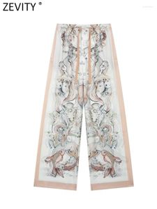 Spodnie damskie Zevity 2023 damskie w stylu Vintage Court nadruk totemowy boczne Patchwork proste kobiece eleganckie kieszenie w pasie długie spodnie P4187