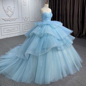 Luxury Sky Blue Shiny Quinceanera Dresses Ball Gowns Lace Bead Tull Tiered Sweetheart 16 Dress Lace-Up Party Dress Vestidos De