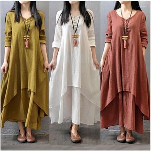 Casual Dresses MOONBIFFY Elegant Cotton Linen For Women Mori Girl Style Dress Plus Size Loose Long Sleeve Robe Club Outfits