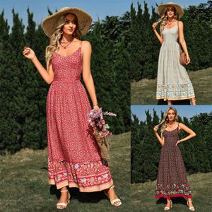 Kvinnors fritidsklänning 2023 sommar ny sexig V-ringad rem blommig långklänning för kvinnor mode dam strandkjol