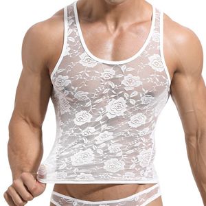 Männer Tank Tops Männer Floral Spitze Sexy Transparent Mesh Elastisch Ausgestattet Singlet Nachtwäsche Männlich Durchsichtig Ärmellose Weste Nachtwäsche 230704