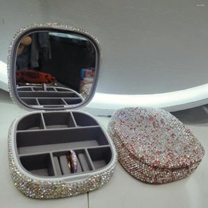 Jewelry Pouches Full Bling Rhinestone Mini Square Box WIth Mirror Rings Necklace Lipstick Organizer Storage Wedding Birthday Women Gifts