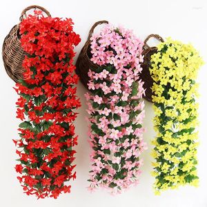 Decorative Flowers Hanging Wall Artificial Silk Violet Orchid Flower Rattan Plant Basket Outdoor Fake For Home Decor