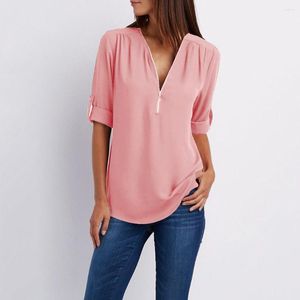 Damenblusen Frauen Reißverschluss V-Ausschnitt Bluse Kurzarm Sexy Solide Damen Tops Plus Size Chiffon Stoff Freizeithemden Weiblich #p5