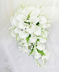 Decorative Flowers ! Long Artificial PU Calla Lily Bell Orchid Teardrop-shaped Holding Waterfall-shaped Wedding Bridal Bouquet White