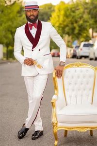 Arabic African Mens Suits Wedding Tuxedos Burgundy Velvet Lapel Two Pieces Slim Fit Modern White Groom Wear Bridegroom Groomsman Prom Party Blazer Pants