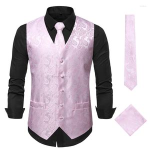 Coletes Masculinos Colete Paisley Terno Elegante Jacquard Rosa Colete Gravata HanLenço 3PC Conjunto Festa Casamento Banquete Vestido Slim Fit Masculino 3XL