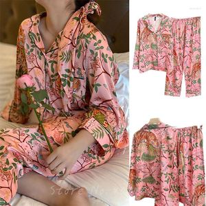 Dam Nattkläder Rosa Satin För Dam Pyjamas Jungle Tiger Print 2st Långskjorta Byxor Pyjamas Casual Nattkläder Vår