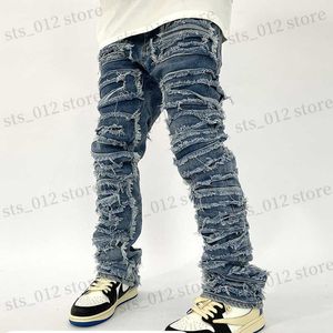 Мужские джинсы ретро -дыра разорваны расстроенные джинсы для мужчин прямо вымыты