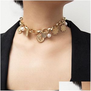 Pendant Necklaces Vintage Bohemian Choker For Women Faux Pearl Coin Emboss O Shape Gold Sier Chains Fashion Boho Jewelry Gift Drop D Dhrri
