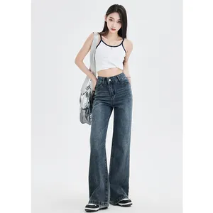 Blå hög midja kvinnor jeans vintage amerikansk mode streetwear bred ben jean kvinnlig byxor rak baggy solid denim
