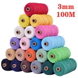 Dekorativt tillförsel omslagsgarn 3mm x 100M bomullssnöre 3 st Lot Färgglad reptråd ed Macrame String DIY Handgjord hem ons2712