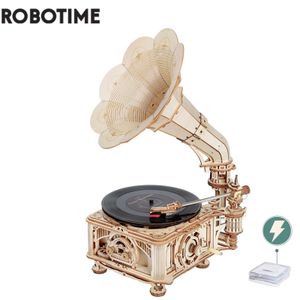 Zabawki pistoletowe Robotime korba ręczna klasyczny gramofon z muzyką 1 424 sztuk drewniane zestawy do budowania modeli prezent dla dzieci dorosły LKB01 Home Decor 230705