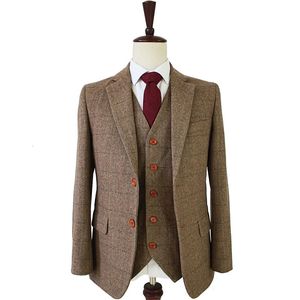 Men's Suits Blazers tailor made slim fit suits for men retro wool Brown Herringbone Tweed wedding dress custom mens 3 piece suit 230705