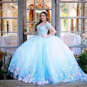 Небесно-голубое платье принцессы Quinceanera 2024, розовые аппликации, 3D цветочные бусины, кристаллы, платье на день рождения, выпускной, сладкое 16 платье, Vestidos De 15 Anos, корсет