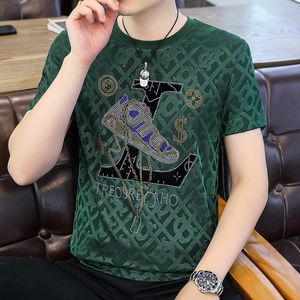 T-shirt estiva da uomo a maniche corte in seta di ghiaccio con diamanti caldi con scollo tondo Top sottile traspirante con ghiaccio ad asciugatura rapida