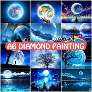 Stitch Ab Diamond Målning Moon 50 Colors Fantasy Night Lake Scenery 5D DIY Embroidery Earth Landscape Cross Mosaic Home Decor