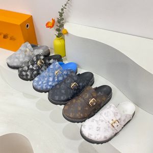 Mysig komforttrosa Sandaler Designer Kvinnor Män Flat Mules Real Leather Monograms Letter Old Flower Slippers Fashion Winter Autumn Warm Slides Clogs Loafers