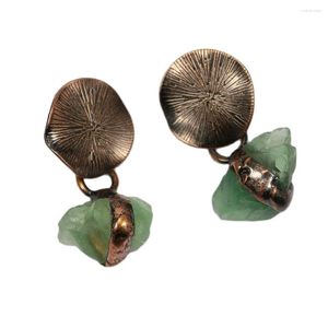 Baumelnde Ohrringe GuaiGuai Schmuck Bronze vergoldet grüne Fluorite grob roh galvanisiert Ohrstecker handgefertigt Vintage Frauen Geschenke