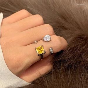 Cluster Rings Cute Silver Color Adjustable Ring With Bling Yellow Zircon Stone For Women Wedding Engagement Fashion Jewelry 2023