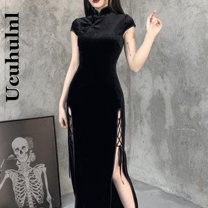 Casual Dresses Ucuhulnl Romantic Gothic Velvet Aesthetic Vintage Women Black Bandage SlitHem Bodycon Dress Sexy Evening Wear Cheongsam