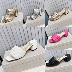 2023 Designer Pure color Square head Slides slippers Womens Luxury 100% leather outdoor elegance High heels Sandals ladys sexy shallow mouth slipper shoes sizes 35-39