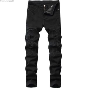 Erkekler Kot Mens Siyah Moda Kot Yırtık Denim Pantolon Sıska Kalem Delikleri Kırık Biker Düz Katı Z230707