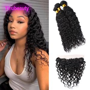 Yirubeauty Brazilian Human Hair Water Wave 3 Bundles With 13X6 Lace Frontal Free Part Pre Plucked Natural Color 4 Pcs