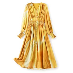 2023 Summer Yellow Contrast Color Dress Long Sleeve V-Neck Buttons Midi Casual Dresses W3L042102