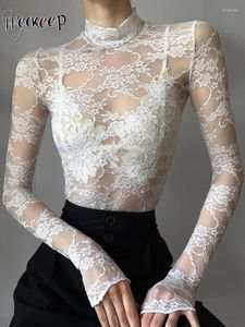 Women's T Shirts Weekeep Elegant Chic White Lace T-shirt Vintage Y2k Turtleneck Full Sleeve Transparent Crop Top Slim Fit Shirt Ladies