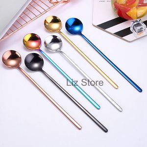 Stainless Round Steel Spoon Long Handle Coffee Honey Spoons Cold Drink Dessert Ice Scoop Bar Tail Stirring Scoops Th0912 s s